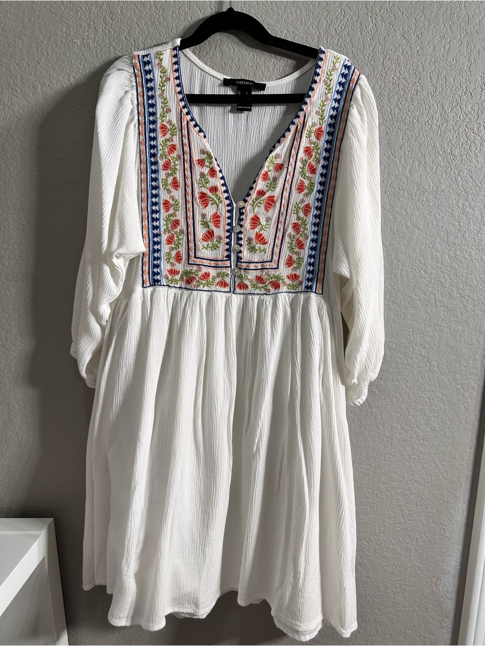 Forever 21 White Embroidered V-Neck Dress with Multicolor Floral Trim Bohemian